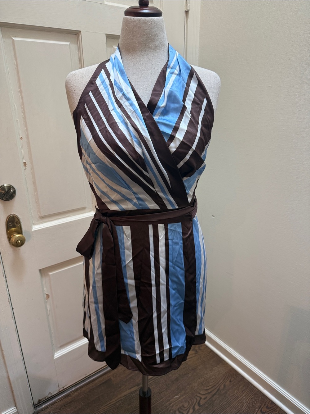 Commense Striped Halter One-Piece in Blue and Brown